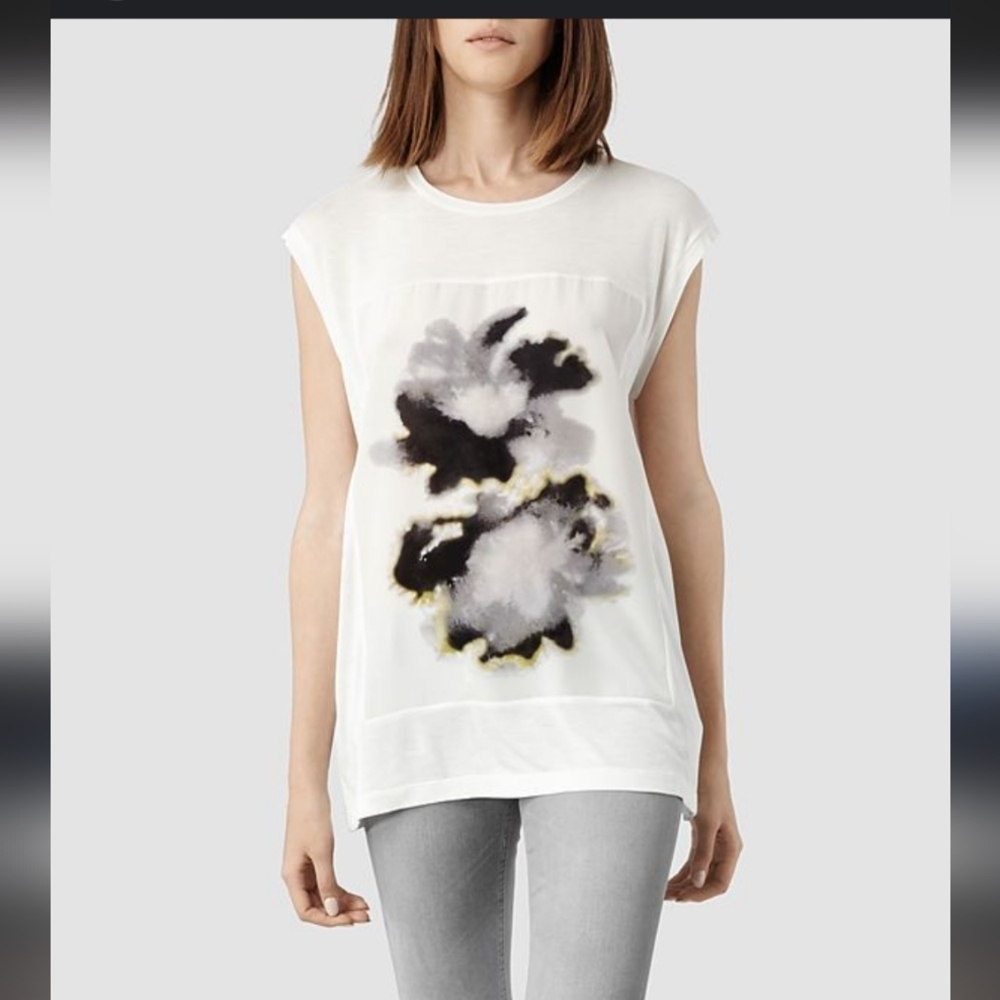 All Saints White Short Sleeve Tee with Black and Gray Floral Print